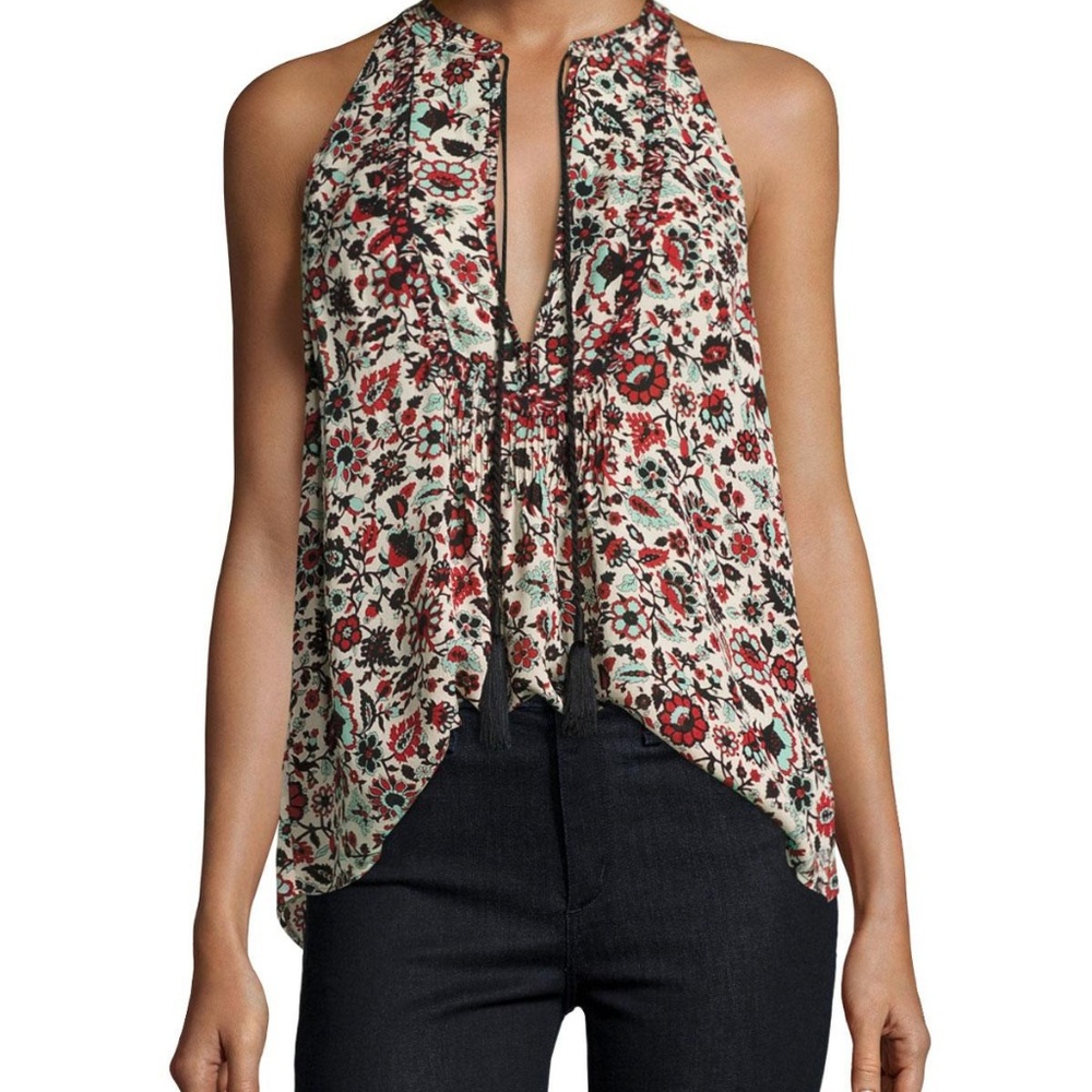 A.L.C. Levi Split Neck Sleeveless Tassel Blouse